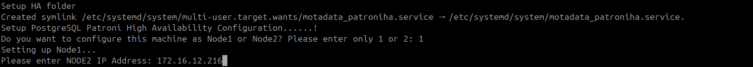 Terminal showing Node 1 selected and the Slave Node 2 IP address entered for Patroni Master setup