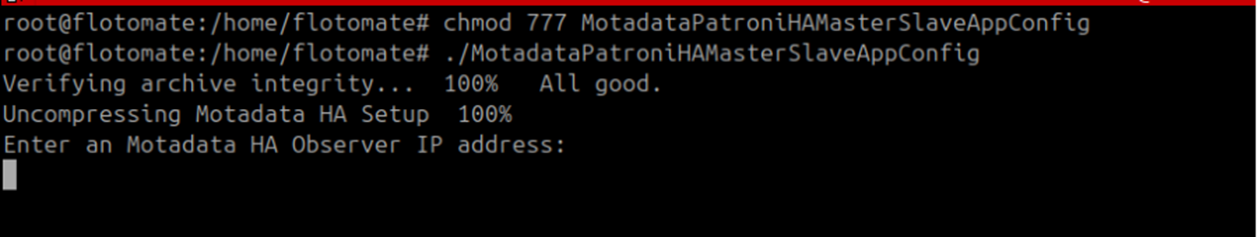 Terminal showing the Observer IP address prompt during Master application configuration