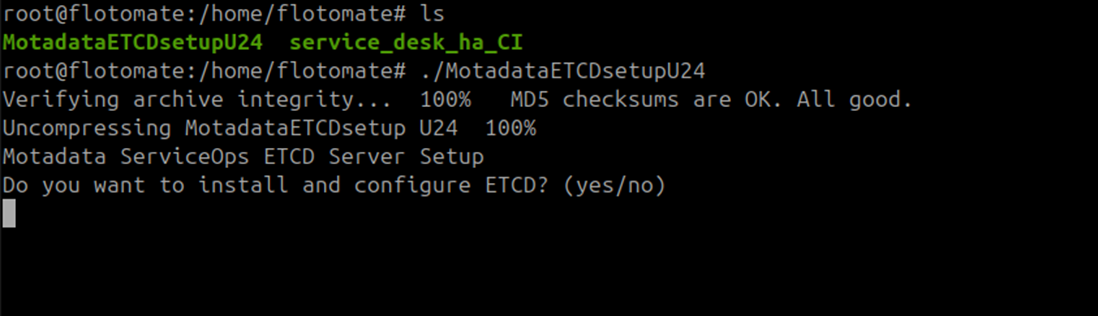 Terminal showing MotadataETCDSetupU24 script running on the Observer machine