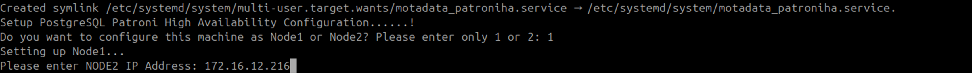 Terminal showing Patroni setup prompt asking for node number with 1 entered for Master DB