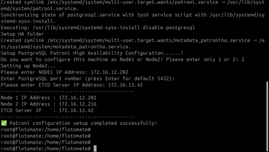 Terminal showing Patroni setup for Slave DB with node 2 selected and Master DB and ETCD IPs entered