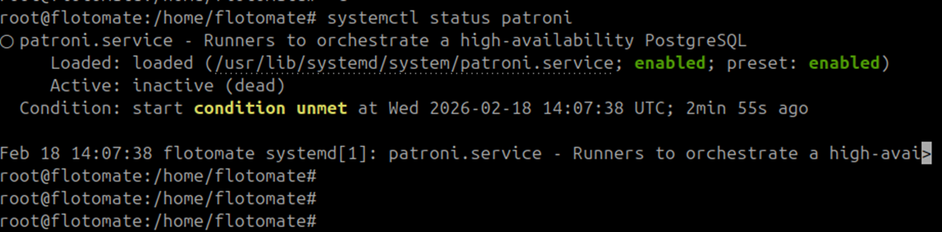 Terminal showing Patroni service status as inactive on Slave DB