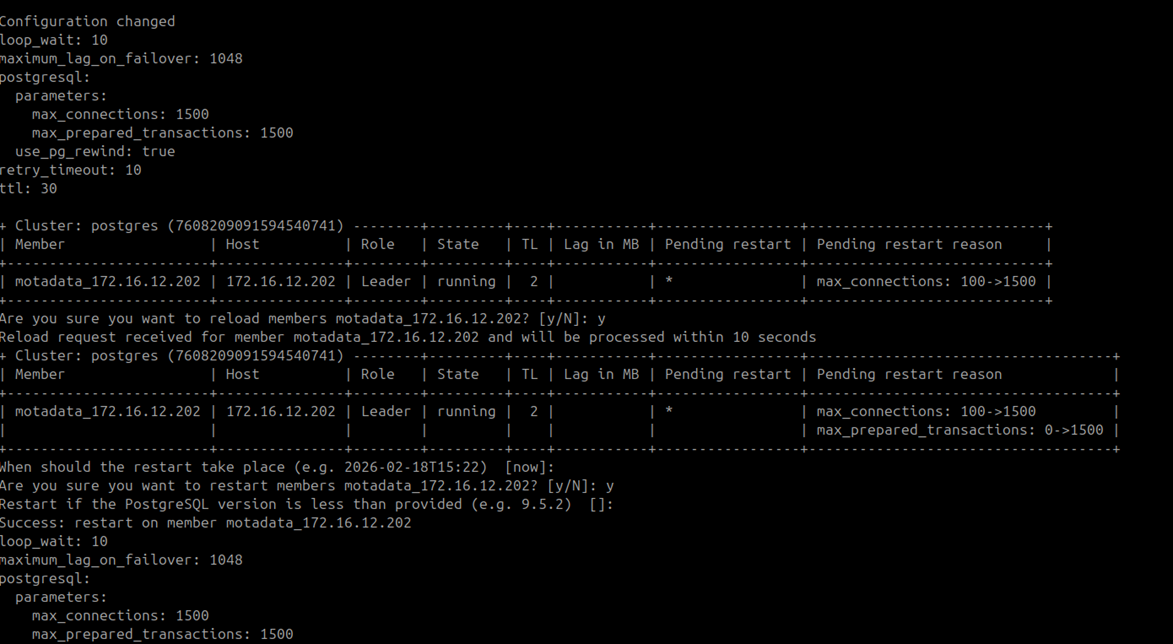 Terminal showing prompt to reload and restart Patroni members with y entered