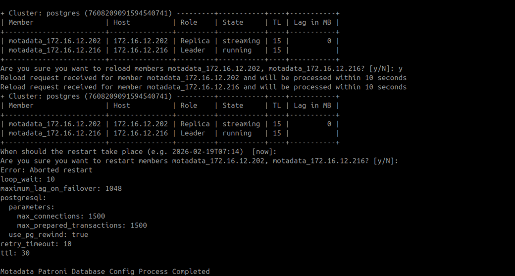 Terminal showing MotadataPatroniHADBConfig password prompt on Slave DB