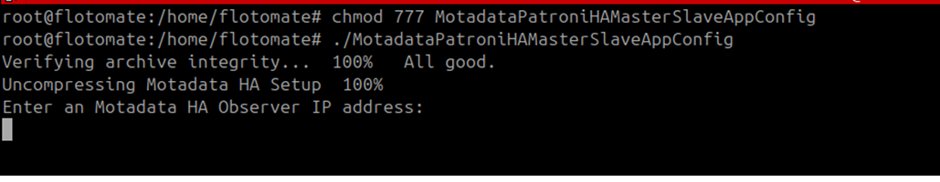 Terminal showing MotadataPatroniHAMasterSlaveAppConfig prompt asking for Observer IP address