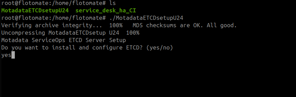 Terminal showing the ETCD install and configure prompt with yes entered