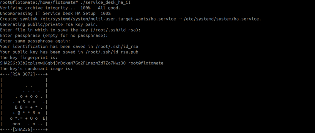 Terminal showing service_desk_ha_CI script starting and beginning SSH key pair generation