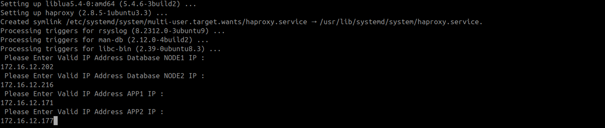 Terminal showing HAProxy APP node IP address prompts with Master and Slave APP IPs entered