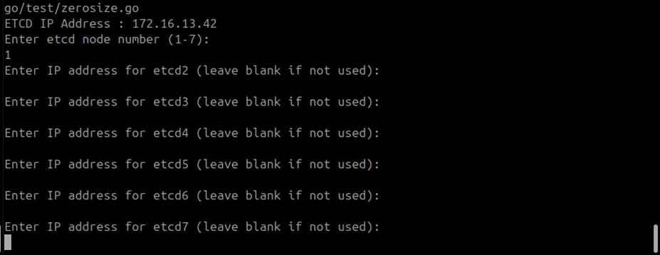 ETCD node number prompt with value 1 entered for single-node setup