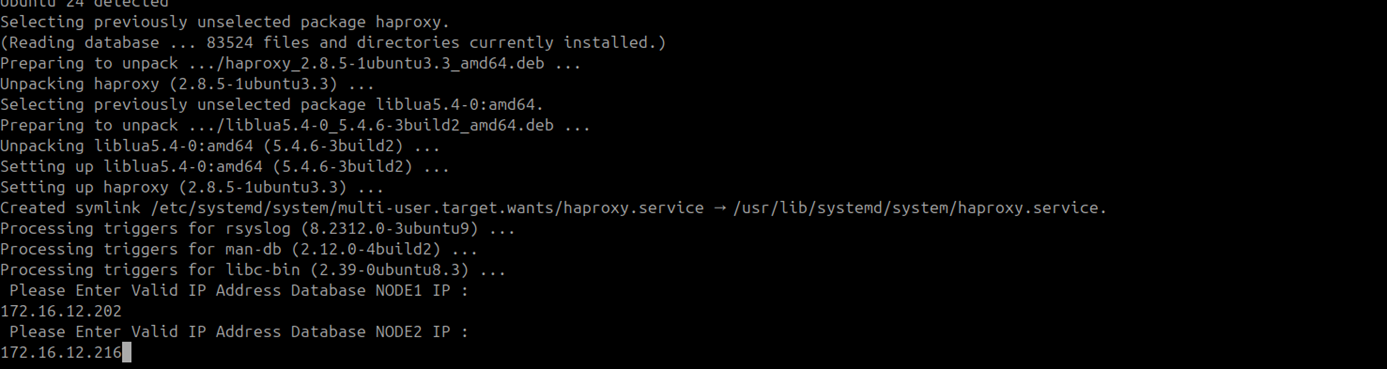 HAProxy DB node IP address prompts with Master and Slave DB IPs entered