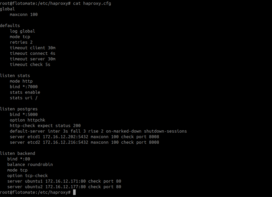 HAProxy configuration file showing global, defaults, listen stats, listen postgres, and listen backend blocks