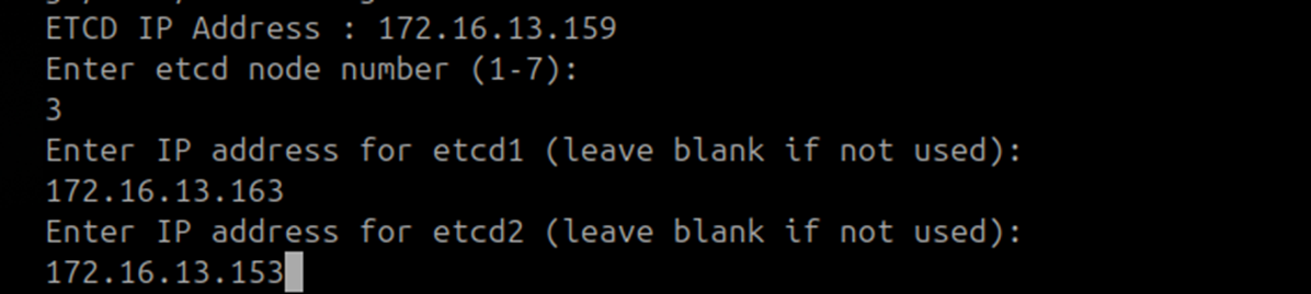 Terminal showing ETCD node 3 selected with DC Observer and DC Master IPs entered on the DC Slave