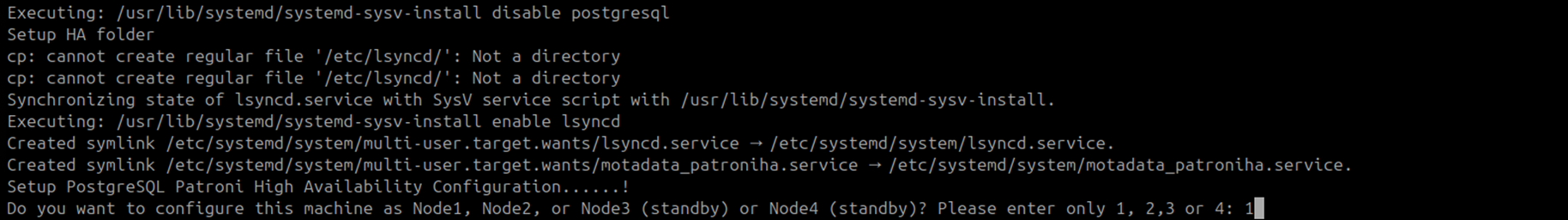 Terminal showing node 1 selected at the Patroni node selection prompt on the DC Master