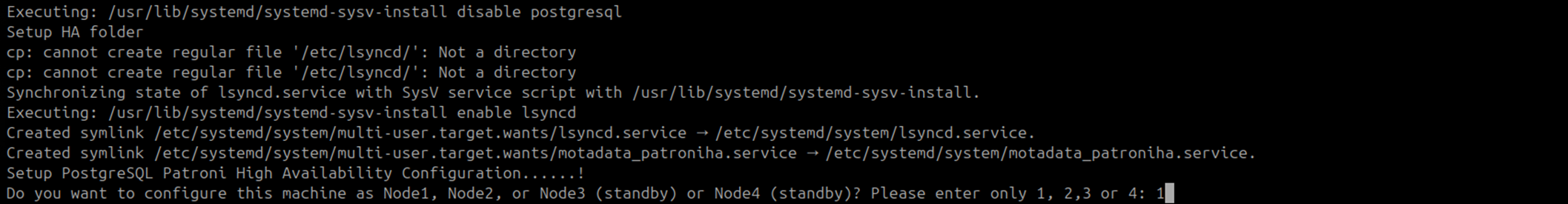 Terminal showing the DC Slave IP entered for Patroni Node 2 on the DC Master