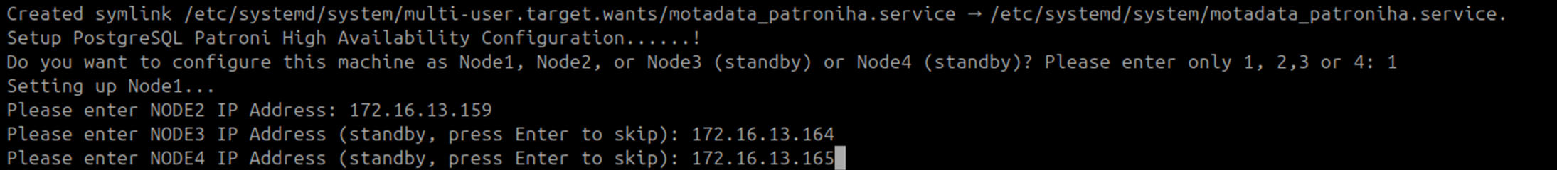 Terminal showing DR Master and DR Slave IP addresses entered for Patroni Nodes 3 and 4 on the DC Master