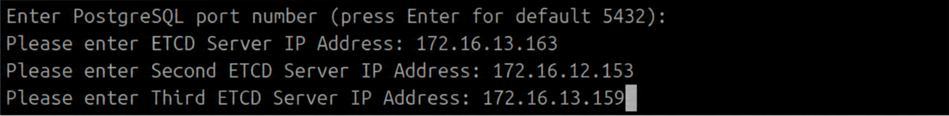 Terminal showing the DC Observer IP entered for the first ETCD node during Patroni setup on the DC Master