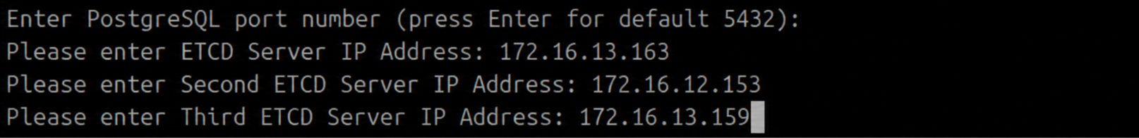 Terminal showing DC Master and DC Slave IPs entered for the second and third ETCD nodes on the DC Master