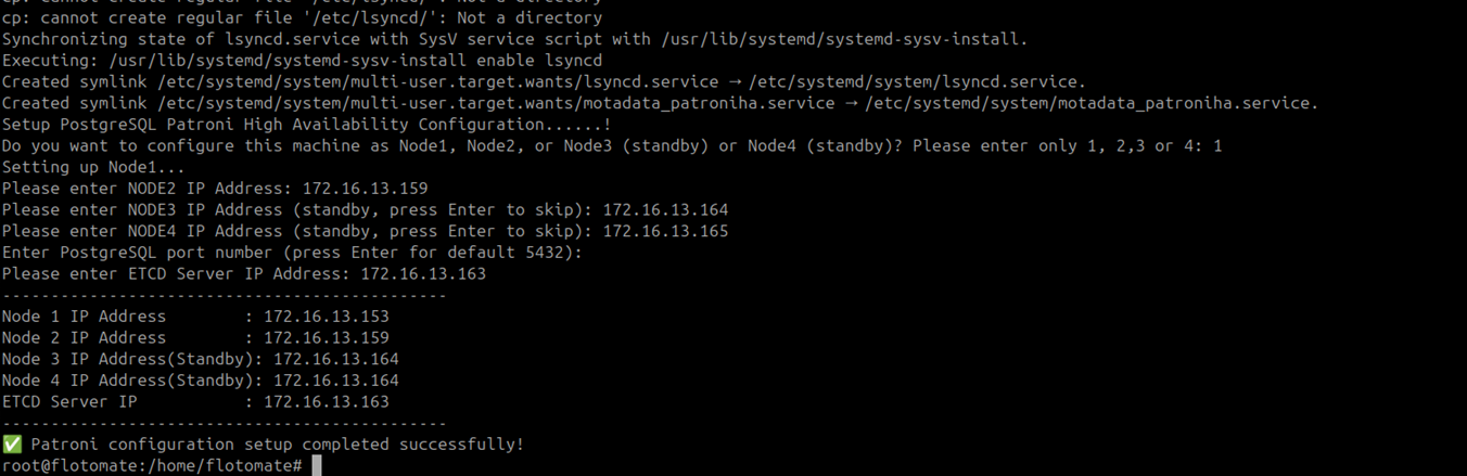 Terminal showing Patroni setup completed on the DC Master