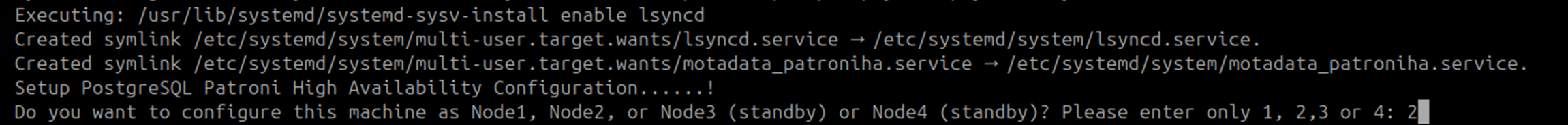 Terminal showing node 2 selected at the Patroni node selection prompt on the DC Slave