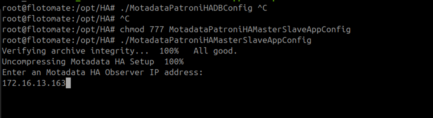 Terminal showing the DC Observer IP entered at the HA Observer IP prompt on the DC Master
