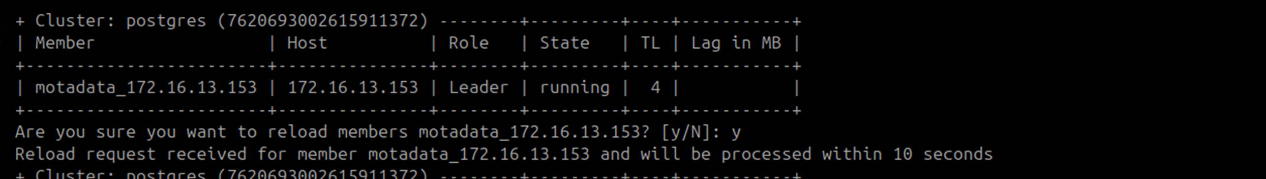 Terminal showing the member restart confirmation prompt on the DC Master