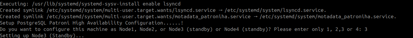 Terminal showing node 3 selected at the Patroni node selection prompt on the DR Master