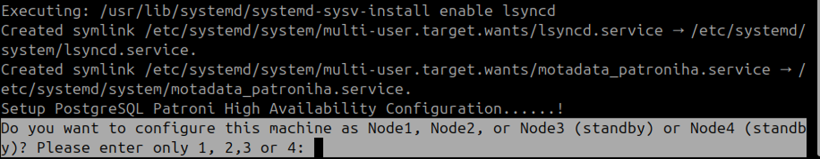 Terminal showing node 3 selected at the Patroni node selection prompt on the DR Master