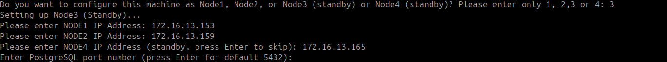 Terminal showing DC Master, DC Slave, and DR Slave IP addresses entered on the DR Master