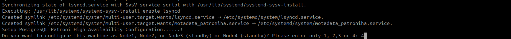 Terminal showing node 4 selected at the Patroni node selection prompt on the DR Slave