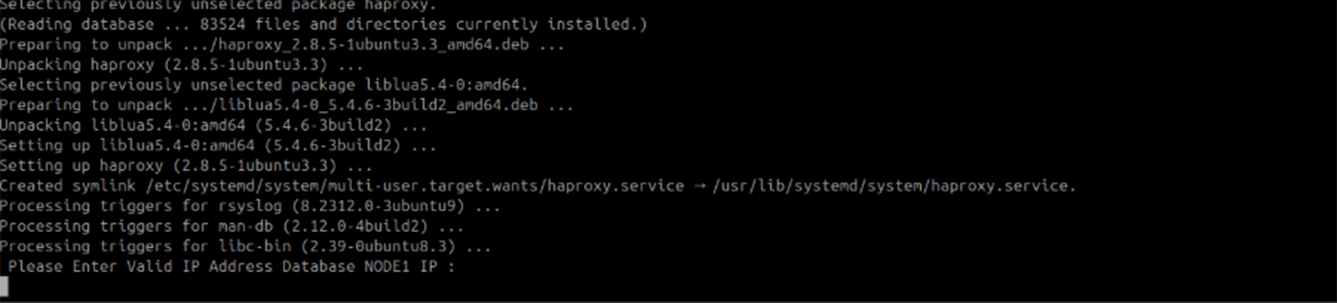 Terminal showing DB and APP IP addresses entered during HAProxy configuration on the DC Observer