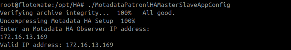 Terminal showing the DR Observer IP entered at the HA Observer IP prompt on the DR Master