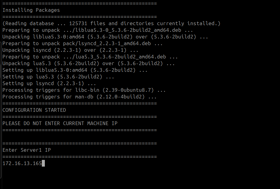 Terminal showing the DR Slave IP entered for Server 1 during file sync on the DR Master