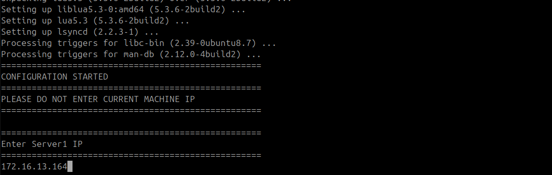 Terminal showing the DR Master IP entered for Server 1 during file sync on the DR Slave