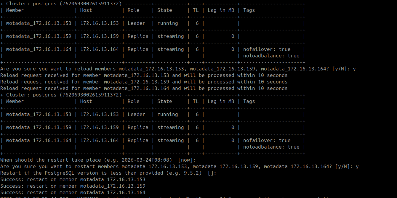 Terminal showing the DR Master added as a third Patroni cluster member with nofailover tag after DB configuration