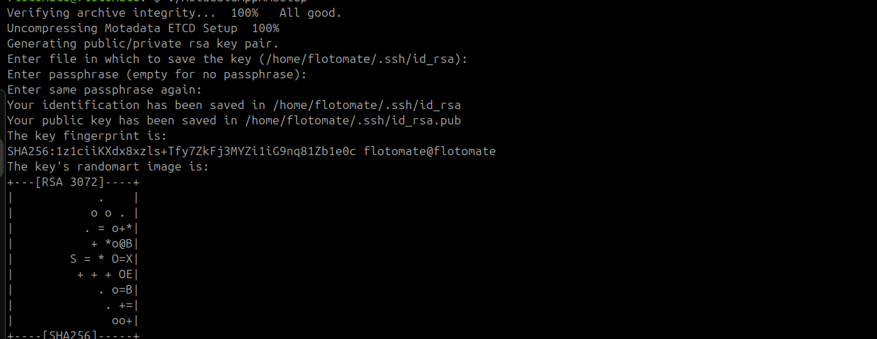 Terminal showing MotadataAppHASetup generating SSH key pairs on the DR Observer