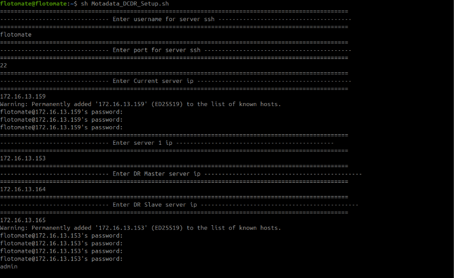 Terminal showing Motadata_DCDR_Setup.sh running from the home directory on the DC Slave