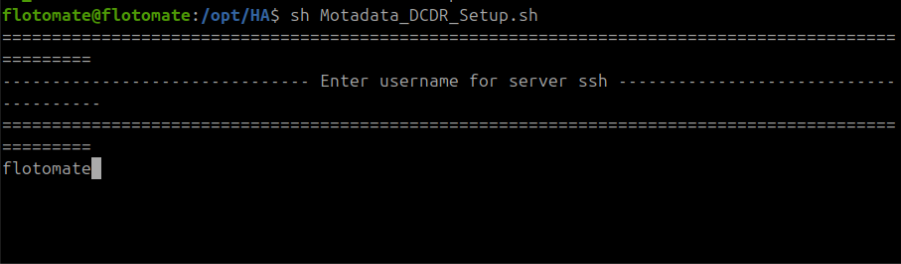 Terminal showing Motadata_DCDR_Setup.sh running from the home directory on the DR Master