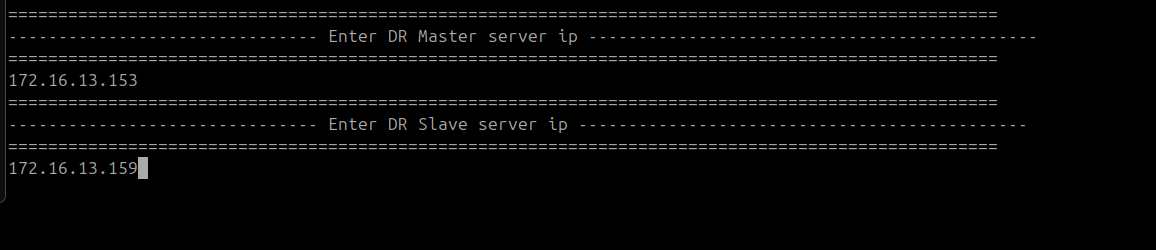 Terminal showing DC Master and DC Slave IPs entered for Servers 2 and 3 on the DR Master
