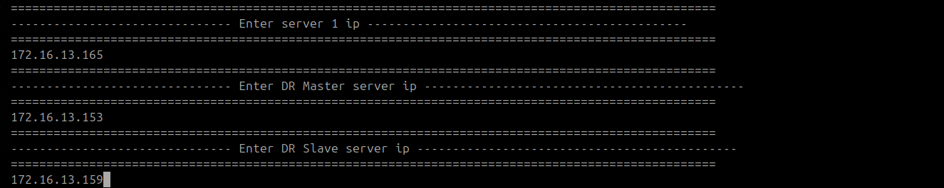 Terminal showing DC Master and DC Slave IPs entered for Servers 2 and 3 on the DR Slave