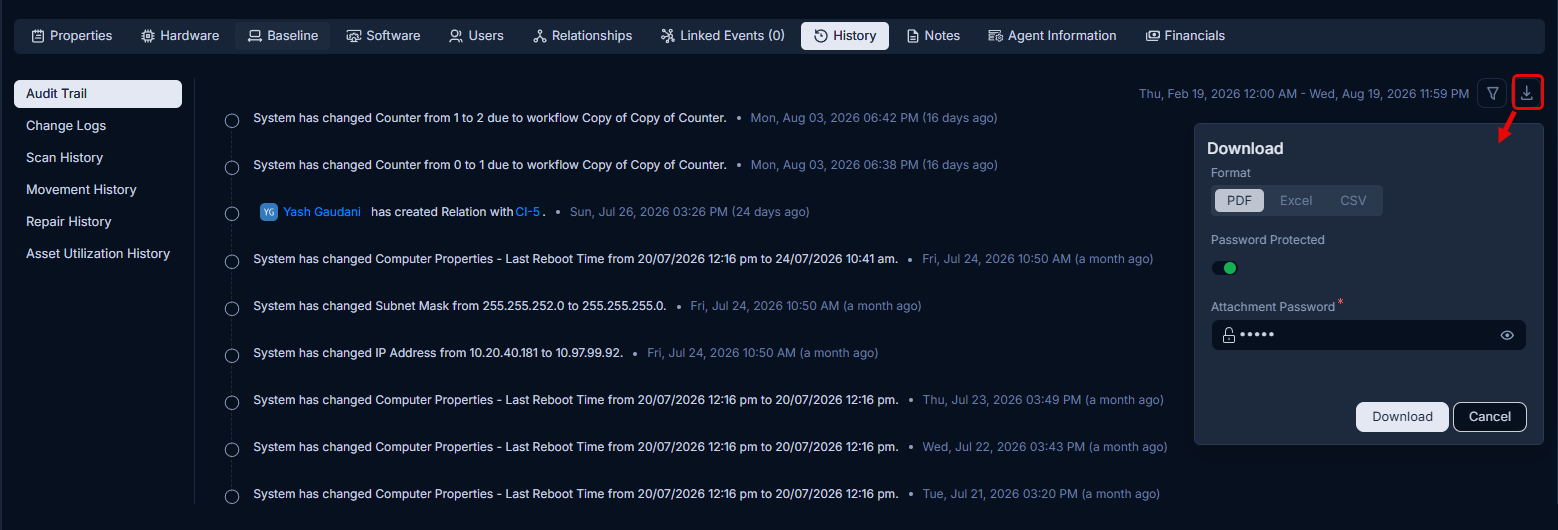 History Tab showing sub-section navigation on the left and Audit Trail entries on the right