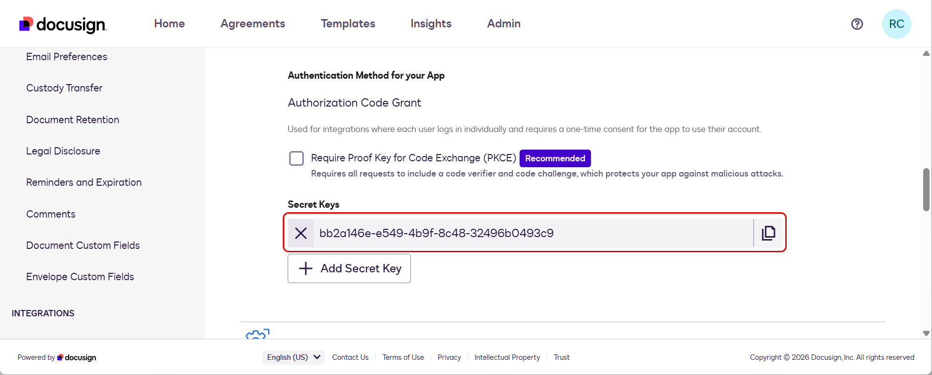 HMAC key display showing the secret to copy if HMAC is enabled