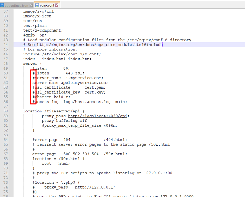 Default nginx.conf on a Windows file server showing the commented-out HTTPS listener and SSL directives that need to be activated