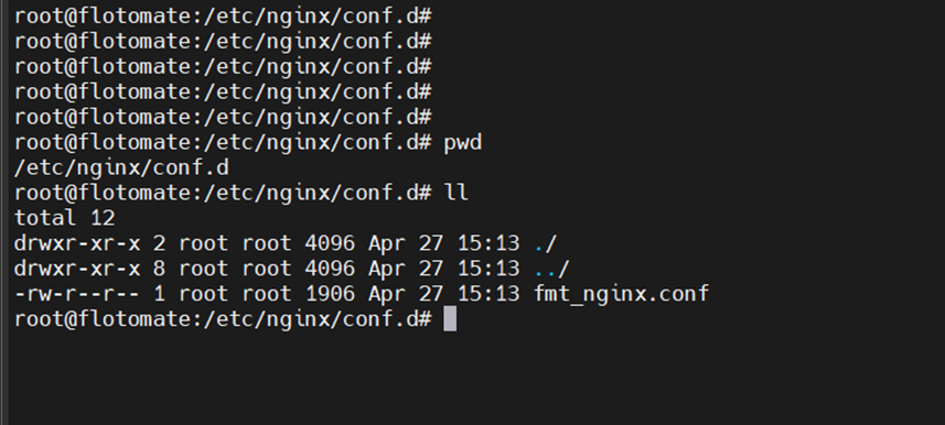 Listing of /etc/nginx/conf.d on a Linux file server showing the fmt_nginx.conf configuration file