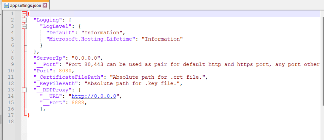 Default appsettings.json on a Windows poller showing the underscore prefixes on the certificate and key entries
