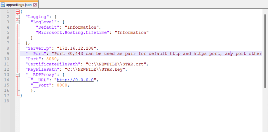 appsettings.json on a Windows poller after SSL configuration, with ServerIp set, underscores removed, and certificate paths supplied with double backslashes