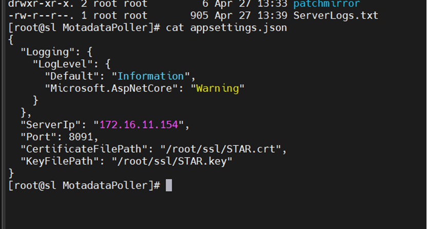 appsettings.json on a Linux poller after SSL configuration, showing the certificate and key paths with single forward-slash path style