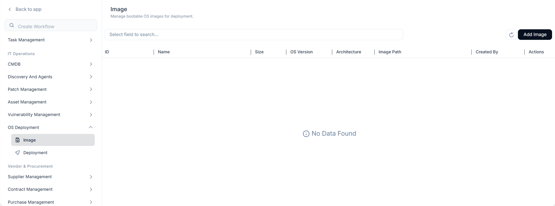 OS Deployment Image list page