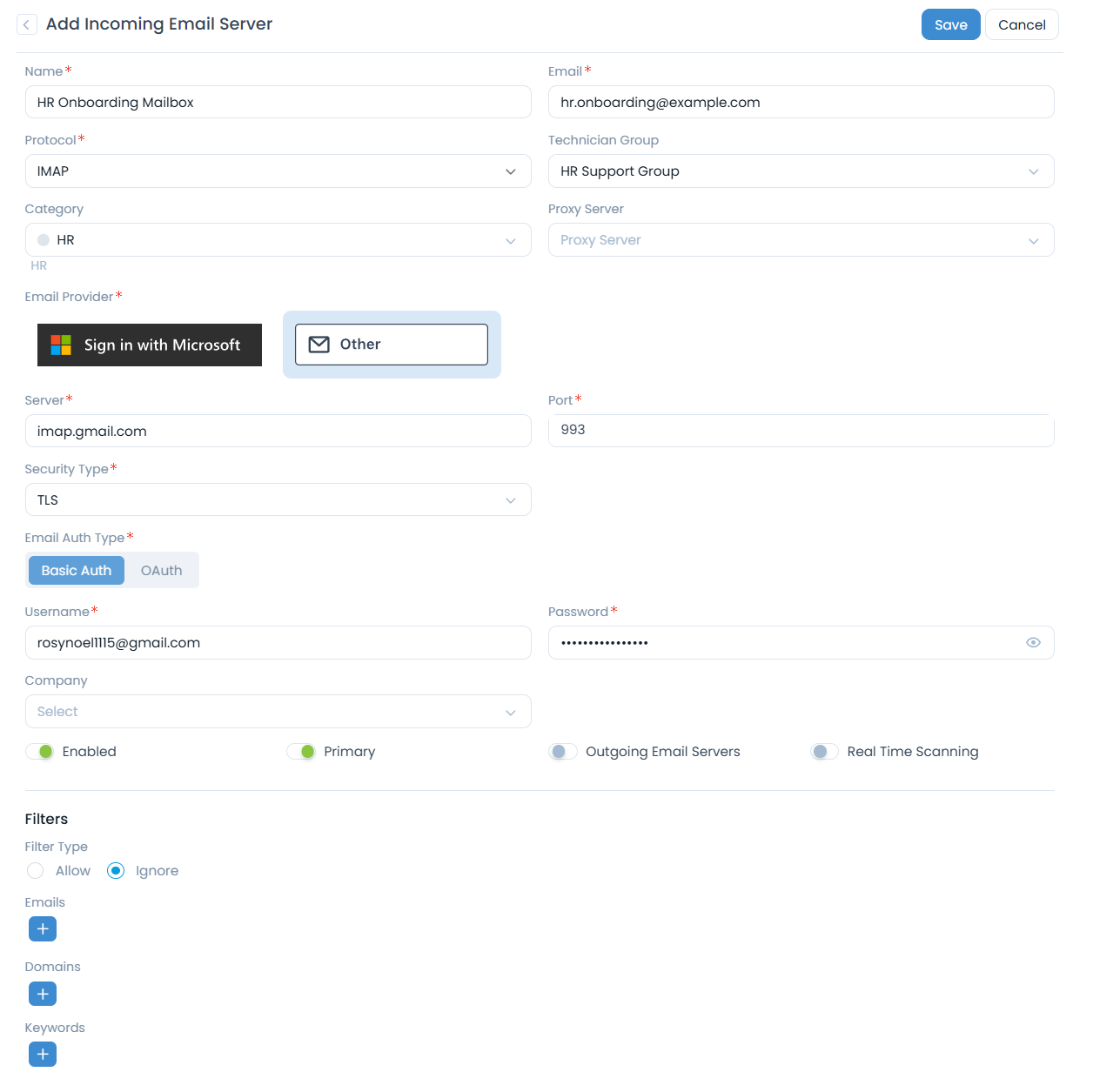 HR Onboarding Mailbox configuration with IMAP protocol, HR Support Group, and HR category selected