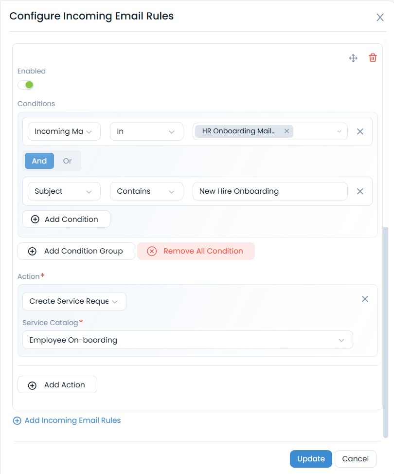 Configure Incoming Email Rules panel showing conditions and action fields