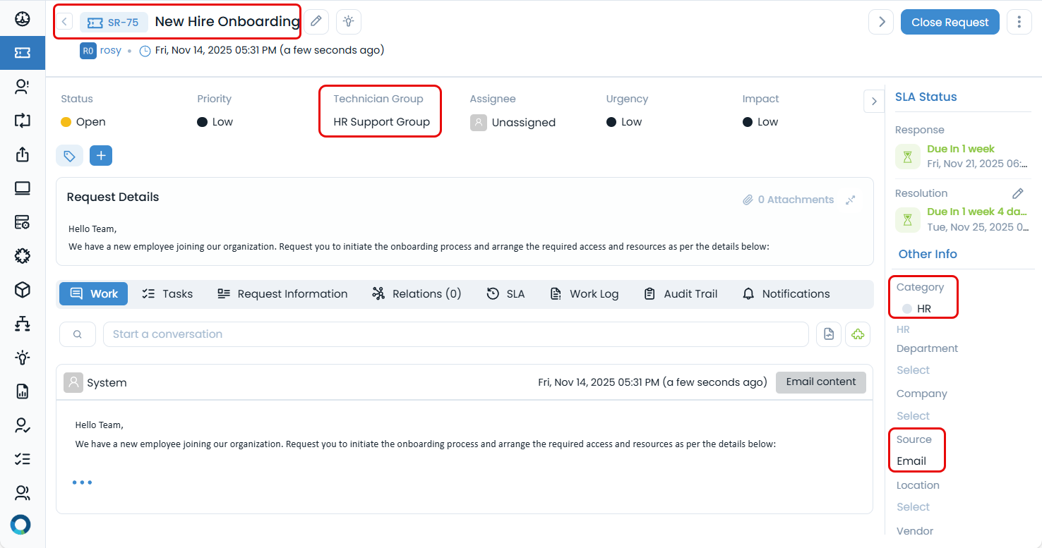 SR-75 New Hire Onboarding ticket showing HR Support Group in Technician Group, HR in Category, and Email as the source